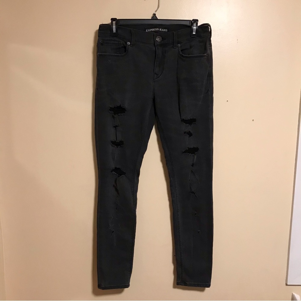 Express Jeans Faded Black Denim Ripped Distressed Skinny Legging Style Mid Rise